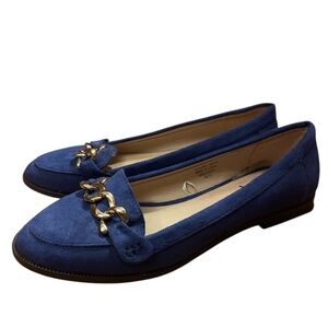 Atmosphere Royal Blue Faux Suede Chain Loafers Gold Detail | Size 8 Preppy Chic